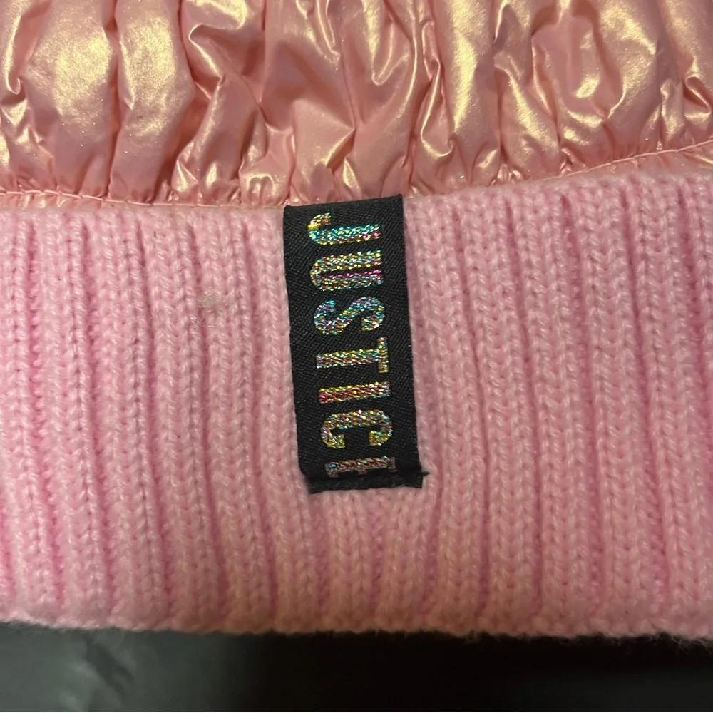 2 Justice Girls Y2K Beanies Quilted‎ Metallic Puffer Pom Pom Faux Fur Hats